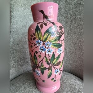 Antique Pink Britol Pink Opaline Satin Hand Painted Raised Flowers Glass Vase